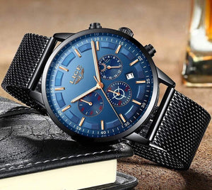 Planet Gates black rose gold Mens Watches Top Brand Luxury Casual Quartz Wristwatch Men Fashion Stainless Steel Waterproof Sport Chronograph+Box