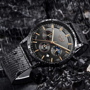 Planet Gates black rose gold Mens Watches Top Brand Luxury Casual Quartz Wristwatch Men Fashion Stainless Steel Waterproof Sport Chronograph+Box
