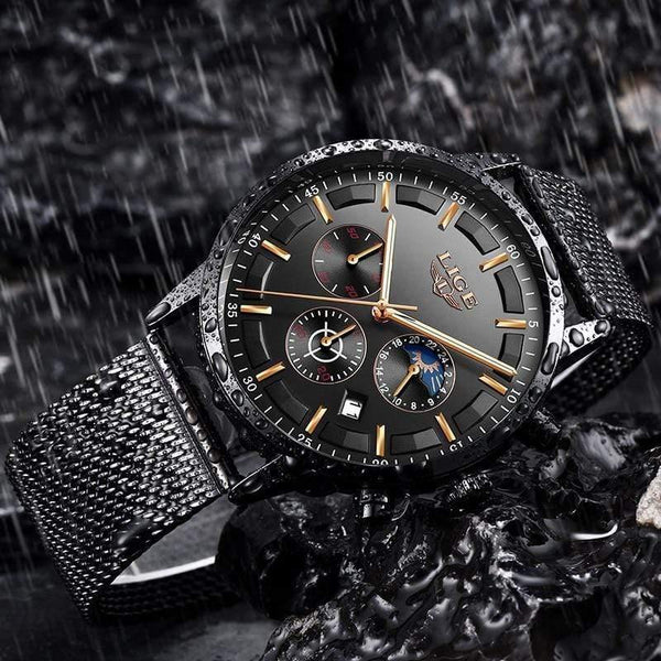 Planet Gates black rose gold Mens Watches Top Brand Luxury Casual Quartz Wristwatch Men Fashion Stainless Steel Waterproof Sport Chronograph+Box