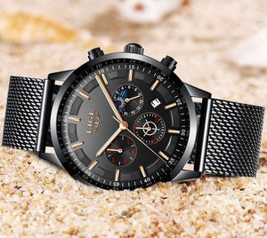 Planet Gates black rose gold Mens Watches Top Brand Luxury Casual Quartz Wristwatch Men Fashion Stainless Steel Waterproof Sport Chronograph+Box