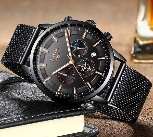 Planet Gates black rose gold Mens Watches Top Brand Luxury Casual Quartz Wristwatch Men Fashion Stainless Steel Waterproof Sport Chronograph+Box