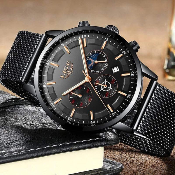 Planet Gates black rose gold Mens Watches Top Brand Luxury Casual Quartz Wristwatch Men Fashion Stainless Steel Waterproof Sport Chronograph+Box