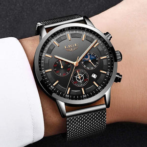 Planet Gates black rose gold Mens Watches Top Brand Luxury Casual Quartz Wristwatch Men Fashion Stainless Steel Waterproof Sport Chronograph+Box