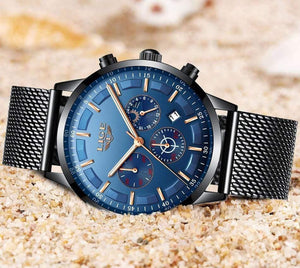 Planet Gates black rose gold Mens Watches Top Brand Luxury Casual Quartz Wristwatch Men Fashion Stainless Steel Waterproof Sport Chronograph+Box