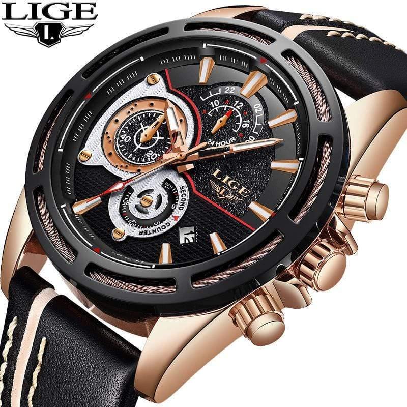 Planet Gates black Rose Gold Mens Watches Top Brand Luxury Quartz Watch Men Calendar Leather Military Waterproof Sport Wrist Watch Relogio Masculino