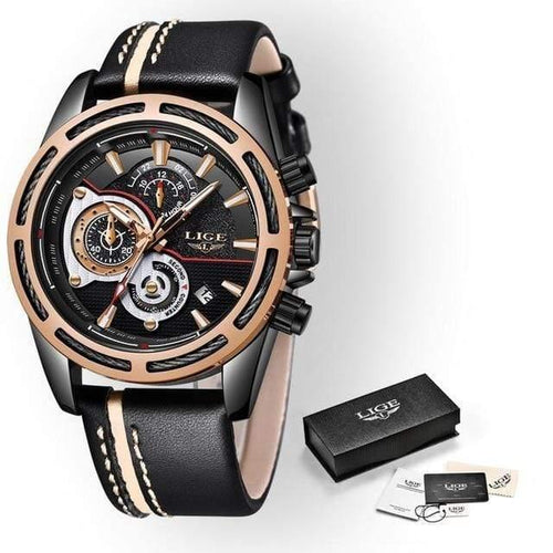 Planet Gates black Rose Gold Mens Watches Top Brand Luxury Quartz Watch Men Calendar Leather Military Waterproof Sport Wrist Watch Relogio Masculino
