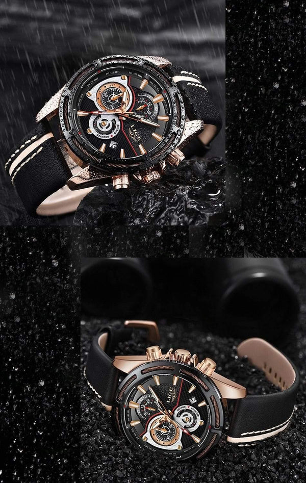 Planet Gates black Rose Gold Mens Watches Top Brand Luxury Quartz Watch Men Calendar Leather Military Waterproof Sport Wrist Watch Relogio Masculino