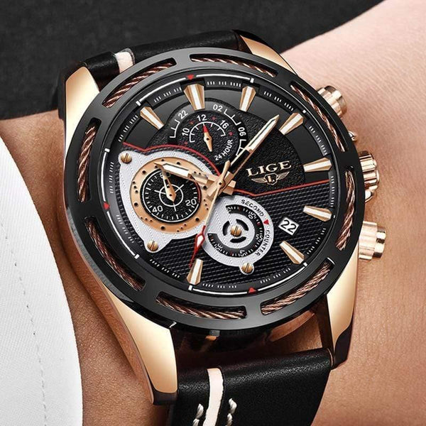 Planet Gates black Rose Gold Mens Watches Top Brand Luxury Quartz Watch Men Calendar Leather Military Waterproof Sport Wrist Watch Relogio Masculino