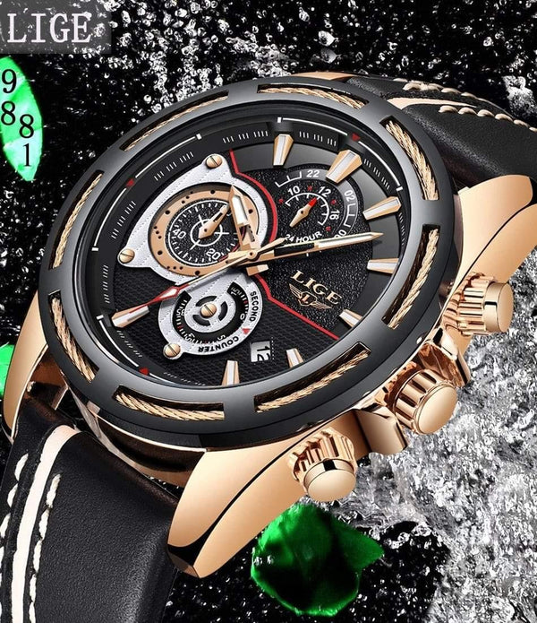 Planet Gates black Rose Gold Mens Watches Top Brand Luxury Quartz Watch Men Calendar Leather Military Waterproof Sport Wrist Watch Relogio Masculino