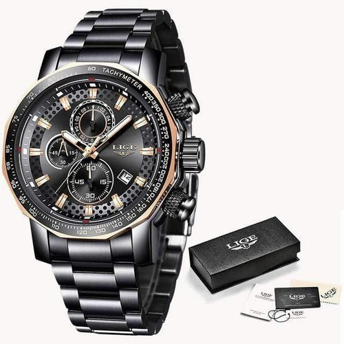 Planet Gates Black rose gold Mens Watches Top Brand Luxury Sport Quartz All Steel Male Clock Military Waterproof Chronograph Relogio Masculino