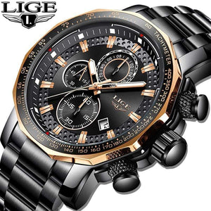 Planet Gates Black rose gold Sport Chronograph Mens Watches Top Brand Luxury Full Steel Quartz Clock Waterproof Big Dial Watch Men