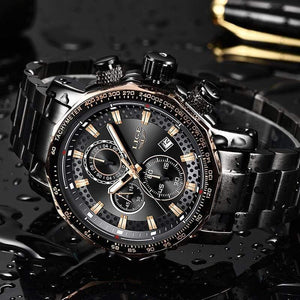 Planet Gates Black rose gold Sport Chronograph Mens Watches Top Brand Luxury Full Steel Quartz Clock Waterproof Big Dial Watch Men