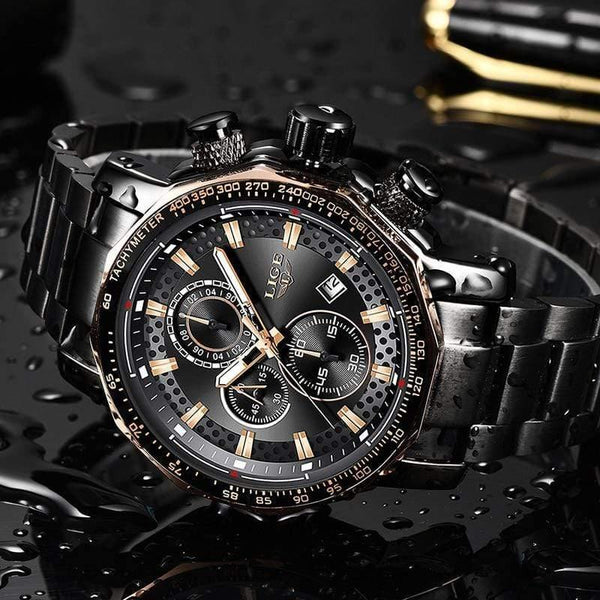 Planet Gates Black rose gold Sport Chronograph Mens Watches Top Brand Luxury Full Steel Quartz Clock Waterproof Big Dial Watch Men