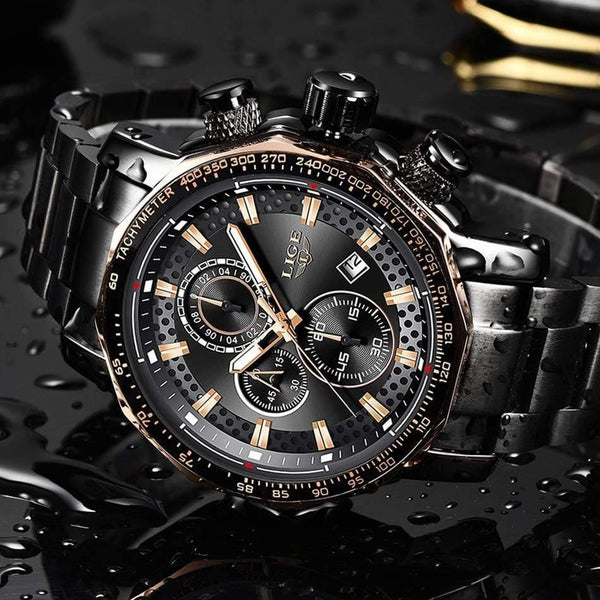 Planet Gates Black rose gold Sport Chronograph Mens Watches Top Brand Luxury Full Steel Quartz Clock Waterproof Big Dial Watch Men
