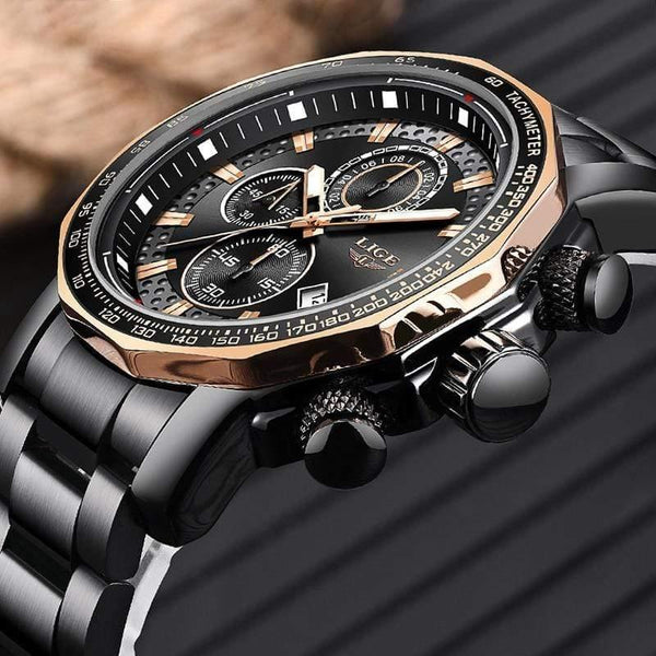 Planet Gates Black rose gold Sport Chronograph Mens Watches Top Brand Luxury Full Steel Quartz Clock Waterproof Big Dial Watch Men