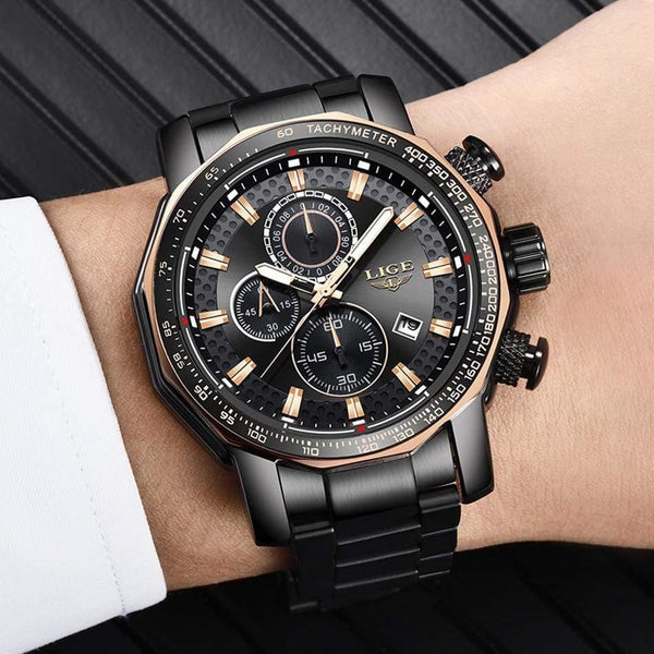 Planet Gates Black rose gold Sport Chronograph Mens Watches Top Brand Luxury Full Steel Quartz Clock Waterproof Big Dial Watch Men