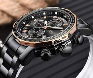 Planet Gates Black rose gold Sport Chronograph Mens Watches Top Brand Luxury Full Steel Quartz Clock Waterproof Big Dial Watch Men