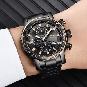 Planet Gates Black rose gold Sport Chronograph Mens Watches Top Brand Luxury Full Steel Quartz Clock Waterproof Big Dial Watch Men