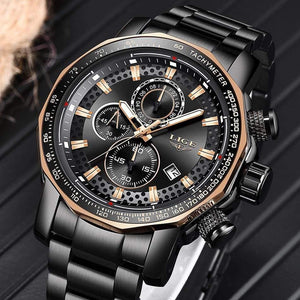 Planet Gates Black rose gold Sport Chronograph Mens Watches Top Brand Luxury Full Steel Quartz Clock Waterproof Big Dial Watch Men