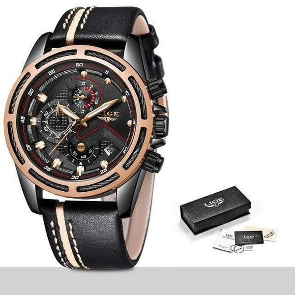 Planet Gates Black Rose gold Watch Men Fashion Sport Quartz Clock Leather Mens Watches Top Brand Luxury Gold Waterproof Business Watch Relogio Masculino