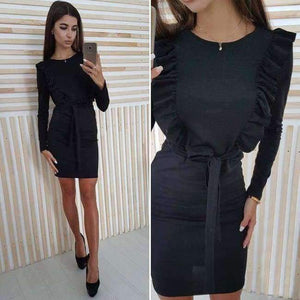 Planet Gates Black / S 2018 Autumn Ruffles Sashes Bodycon Dress Solid Long Sleeve O-Neck Women Casual Dress Party Mini Dresses