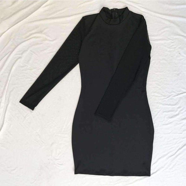 Planet Gates Black / S Autumn Net Yarn Long Sleeve Mini Bodycon Dress Dresses Autumn Winter Sexy Women Casual Party Club Black Dress Vestidos