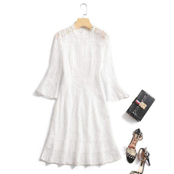 Planet Gates black / S Autumn Style Lace Dress High Quality Women O-Neck Flare Sleeve Black White Cotton Lace Vintage Dress For Party Events