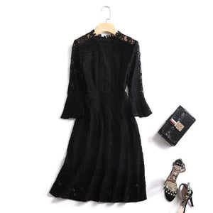 Planet Gates black / S Autumn Style Lace Dress High Quality Women O-Neck Flare Sleeve Black White Cotton Lace Vintage Dress For Party Events
