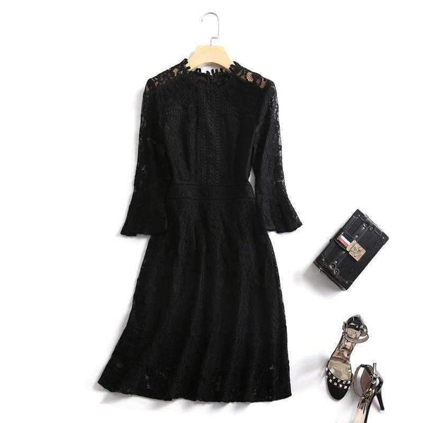 Planet Gates black / S Autumn Style Lace Dress High Quality Women O-Neck Flare Sleeve Black White Cotton Lace Vintage Dress For Party Events