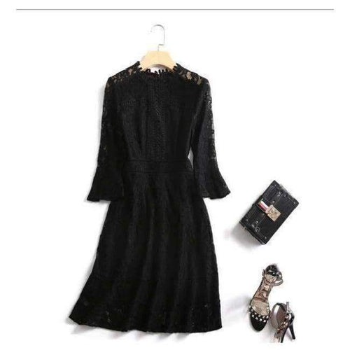 Planet Gates black / S Autumn Style Lace Dress High Quality Women O-Neck Flare Sleeve Black White Cotton Lace Vintage Dress For Party Events