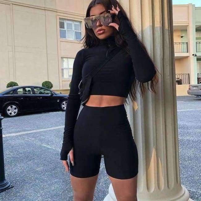Planet Gates Black / S Autumn winter women sexy long sleeve neck zipper crop top high waist stretch shorts workout fitness 2 pieces set