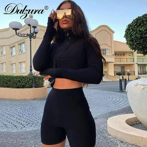 Planet Gates Black / S Autumn winter women sexy long sleeve neck zipper crop top high waist stretch shorts workout fitness 2 pieces set