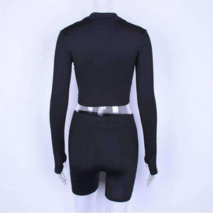 Autumn Winter Women Sexy Long Sleeve Neck Zipper Crop Top High Waist Stretch Shorts Workout Fitness 2 Pieces Set