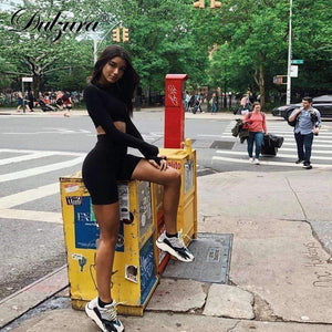 Planet Gates Black / S Autumn winter women sexy long sleeve neck zipper crop top high waist stretch shorts workout fitness 2 pieces set