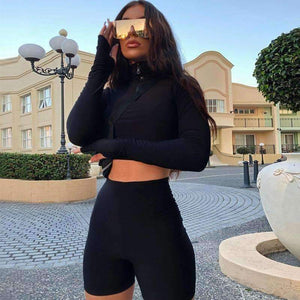 Planet Gates Black / S Autumn winter women sexy long sleeve neck zipper crop top high waist stretch shorts workout fitness 2 pieces set