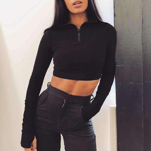 Planet Gates Black / S Autumn winter women sexy long sleeve neck zipper crop top high waist stretch shorts workout fitness 2 pieces set