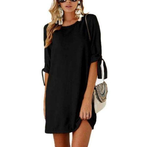 Planet Gates Black / S Beach Summer Women Casual Solid Dresses Half Sleeve Short Vestidos Ladies Elegant Party Bow Tie Loose Scoop Neck Mini Dress