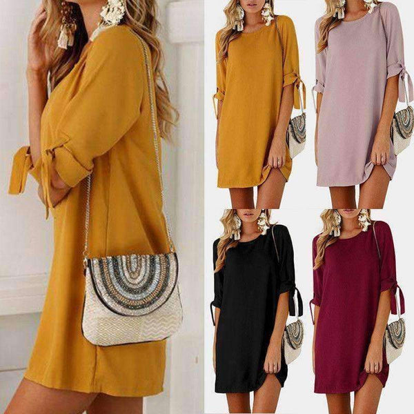 Planet Gates Black / S Beach Summer Women Casual Solid Dresses Half Sleeve Short Vestidos Ladies Elegant Party Bow Tie Loose Scoop Neck Mini Dress