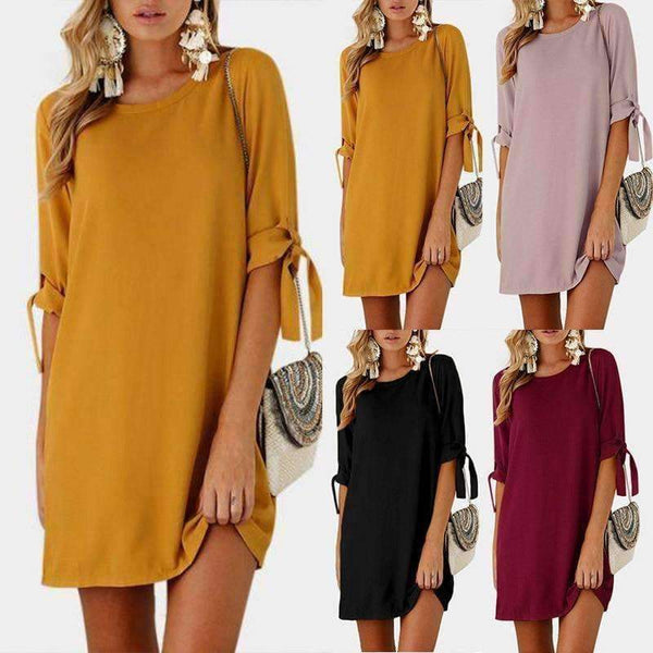 Planet Gates Black / S Beach Summer Women Casual Solid Dresses Half Sleeve Short Vestidos Ladies Elegant Party Bow Tie Loose Scoop Neck Mini Dress