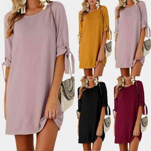 Planet Gates Black / S Beach Summer Women Casual Solid Dresses Half Sleeve Short Vestidos Ladies Elegant Party Bow Tie Loose Scoop Neck Mini Dress