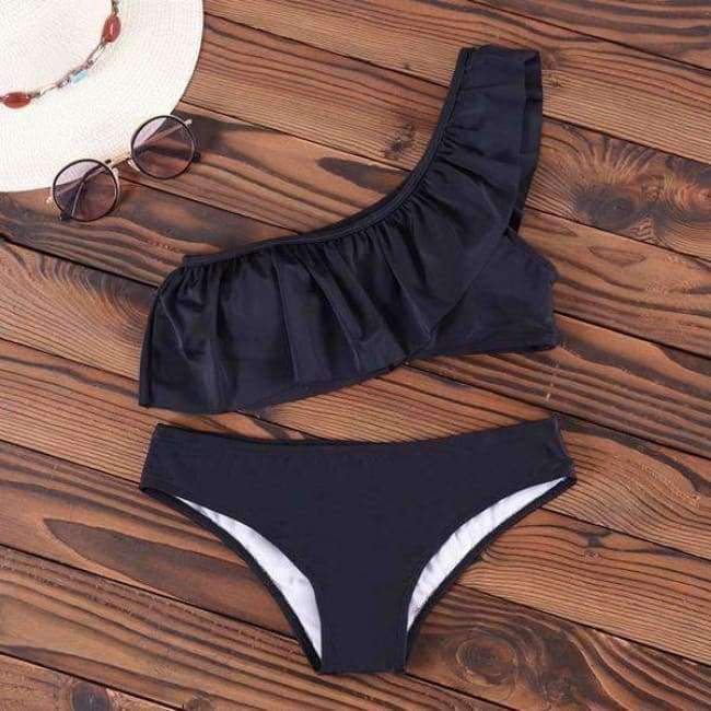 Planet Gates Bikini  One Shoulder Swimsuit Ruffle Swimwear Women Solid Padded Women's Swimming Suit New Sexy Beachwear