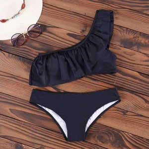 Planet Gates Black / S Bikini  One Shoulder Swimsuit Ruffle Swimwear Women Solid Padded Women's Swimming Suit New Sexy Beachwear