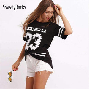 Planet Gates Black / S Black Varsity Print Active Wear T-Shirt Letter Striped Round Neck Short Sleeve Tee Summer Fashion New Women Top