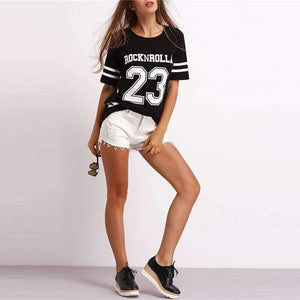 Planet Gates Black / S Black Varsity Print Active Wear T-Shirt Letter Striped Round Neck Short Sleeve Tee Summer Fashion New Women Top