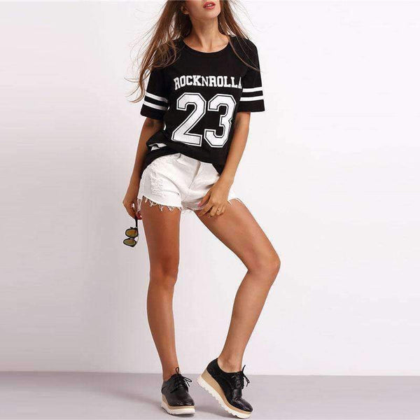 Planet Gates Black / S Black Varsity Print Active Wear T-Shirt Letter Striped Round Neck Short Sleeve Tee Summer Fashion New Women Top