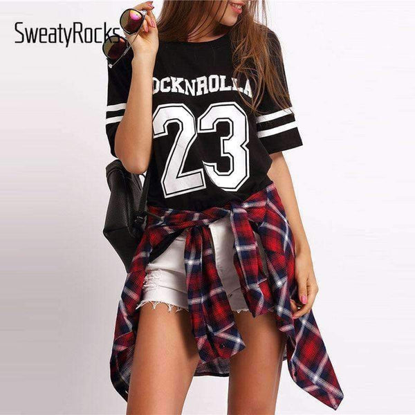 Planet Gates Black / S Black Varsity Print Active Wear T-Shirt Letter Striped Round Neck Short Sleeve Tee Summer Fashion New Women Top