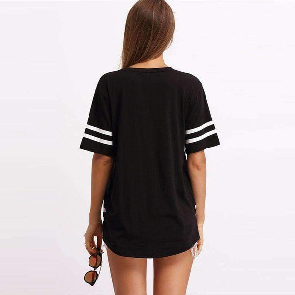 Planet Gates Black / S Black Varsity Print Active Wear T-Shirt Letter Striped Round Neck Short Sleeve Tee Summer Fashion New Women Top