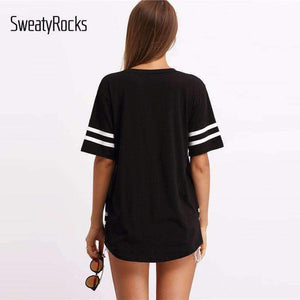 Planet Gates Black / S Black Varsity Print Active Wear T-Shirt Letter Striped Round Neck Short Sleeve Tee Summer Fashion New Women Top