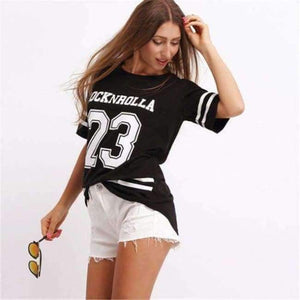 Planet Gates Black / S Black Varsity Print Active Wear T-Shirt Letter Striped Round Neck Short Sleeve Tee Summer Fashion New Women Top