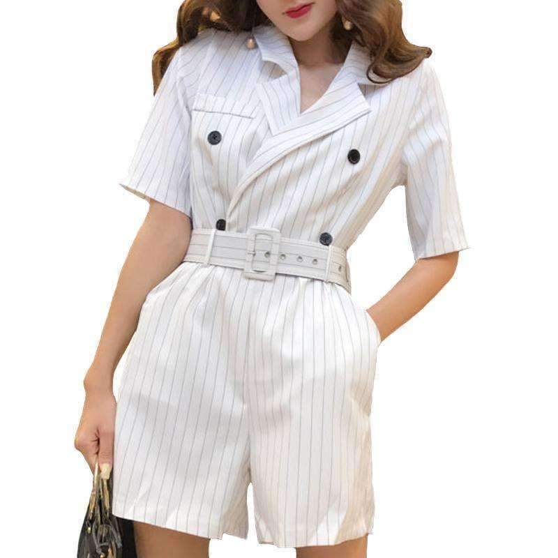 Planet Gates black / S Casual Summer Striped Jumpsuits for Women Rompers Notched Double Breasted Playsuits Short Sleeve Short Overalls 2018